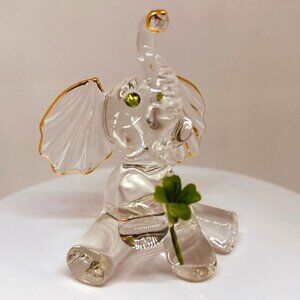 Lucky Glass Elephant Figurine with Green Clover | Handcrafted Decor